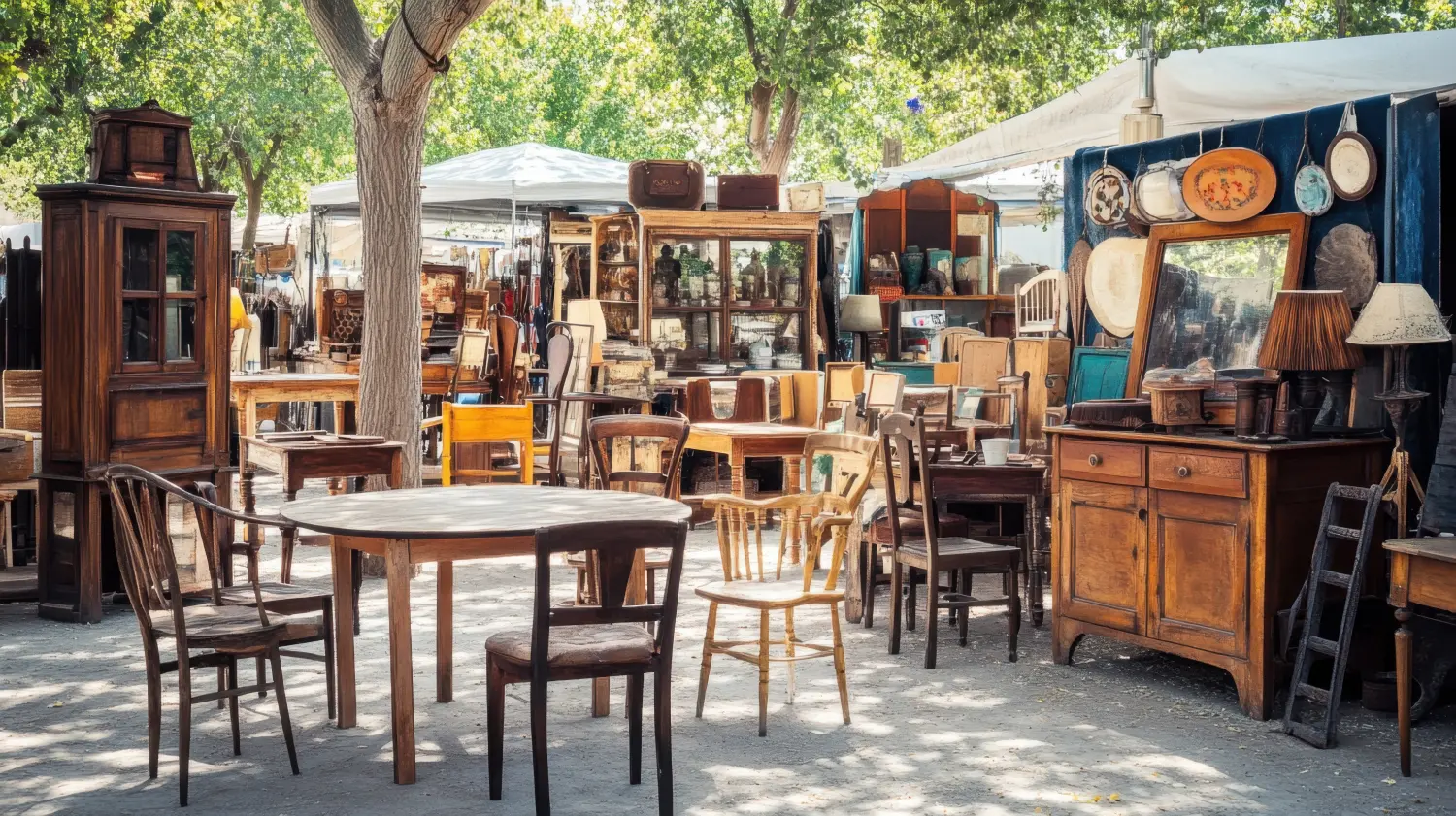 Eine nostalgische Szene eines antiken Möbelstandes auf einem Flohmarkt